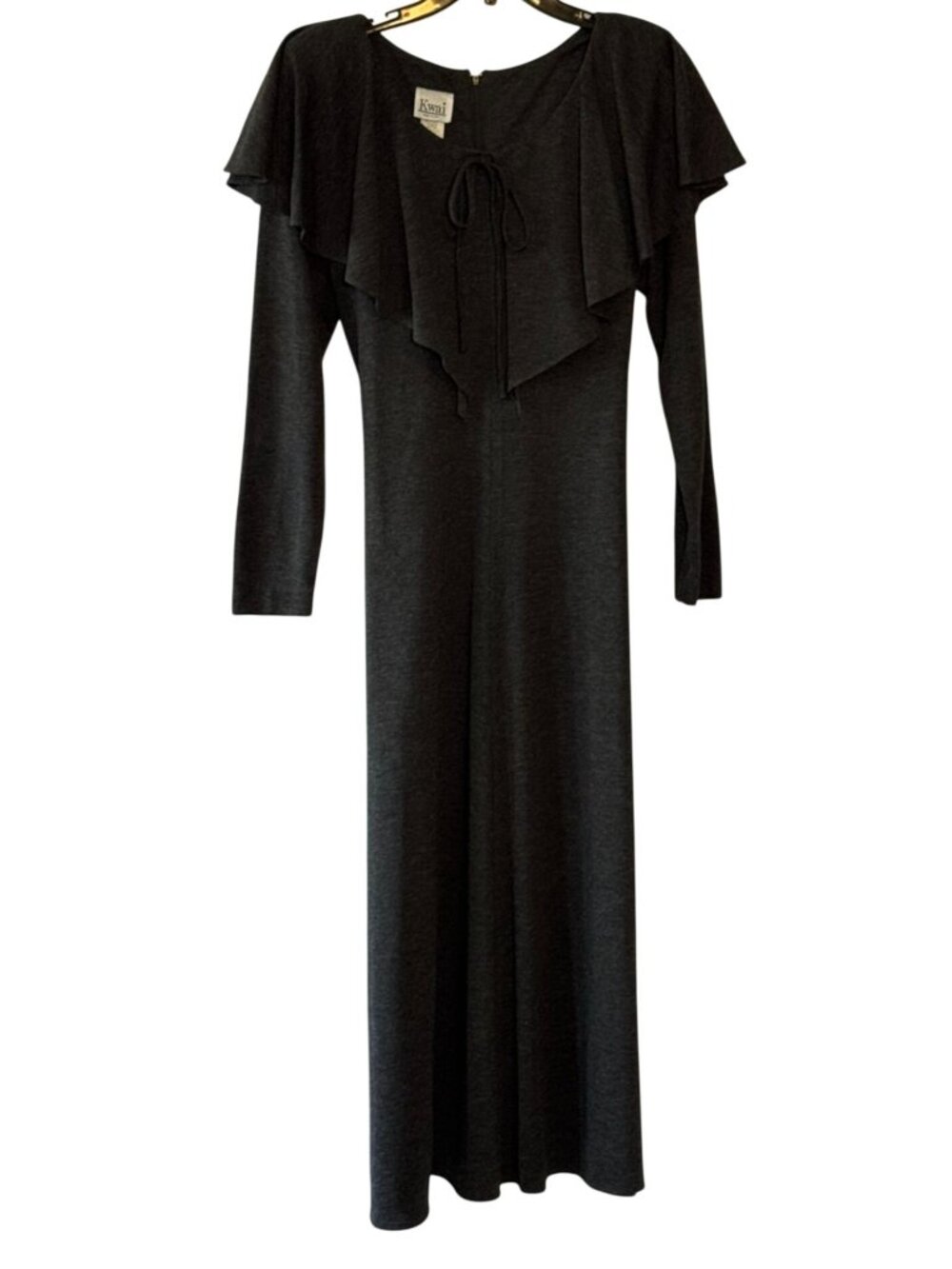 Vintage 70s Kwai Gray Knit Maxi Dress Ruffle Cape Collar Long Sleeve Size 12